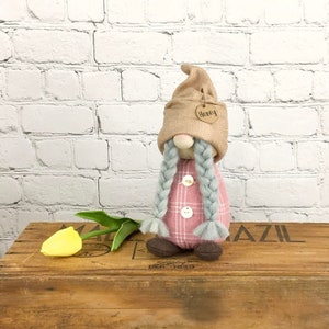 May include: A pink and white plaid gnome with a brown hat and a name tag that says "Honey". The gnome has long, gray braids and is sitting on a wooden crate.