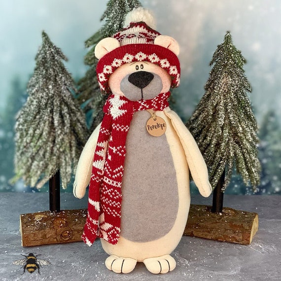 Polar Bear Doll Cozy Winter Decor: Penelope Soft Sculpture, Hat and Scarf | 14 Inch, Seasonal Holiday Accent