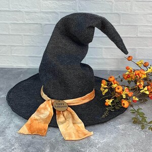 May include: A black felt witch hat with a tall pointed crown and a wide brim. The hat has a brown ribbon tied around it with a small round tag that says "Happy Halloween".