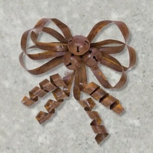 May include: A rustic metal bow with a curled ribbon and four small bells. The bow is made of brown metal with a rusty finish.