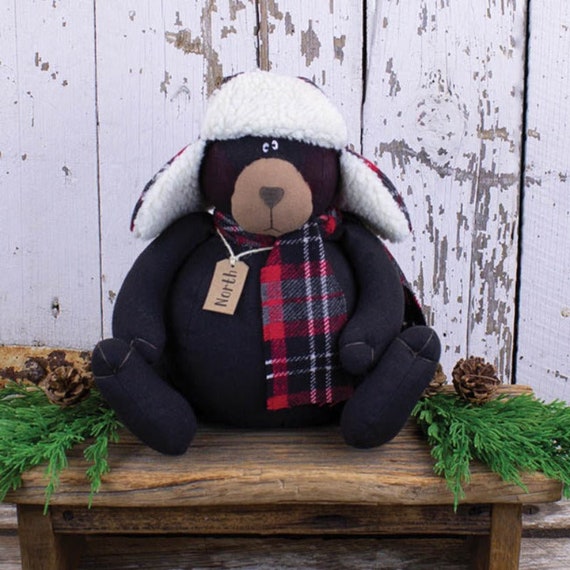 Black Bear Doll Soft Sculpture: Cozy Red Plaid Scarf, Cabin Christmas Decor | Plush Fabric, Shelf Display, 10.5 Inch Tall