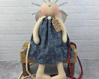 Escultura blanda de ángel americano: estilo rústico vintage, decoración patriótica con estrellas y barras (6"x15", muñeca de tela hecha a mano)