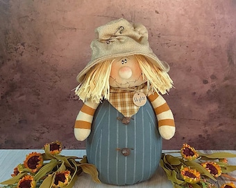 Scarecrow Soft Sculpture Doll, Skylar The Goofy Character, Blue Body & Tan Hat (6.5x11 in, Fall Primitives, Fabric)