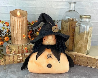 Witch Doll Soft Sculpture: Vibrant Harvest Colors - Handmade Cotton, Seasonal Magic Gift, 8 Inch Display Figurine