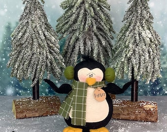 Penguin Doll Soft Sculpture: Parker The Penguin Winter Accent, Green Scarf & Ear Muffs (6 Inch Figurine, Posable Wings, Holiday Decor)