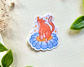 Cute Cat Flower Sticker Matte Vinyl - Orange Cat On A Blue Flower Sticker Design 5cm