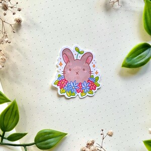 Schattige bloemenkonijn sticker mat vinyl - stickerontwerp 5 cm