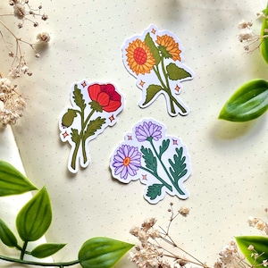Lot de 3 petits autocollants floraux colorés en vinyle mat, motif floral, 3 cm