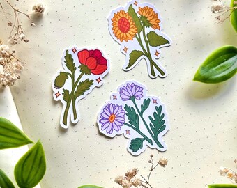 Cute Wildflower Sticker Set of 3 Small Matte Vinyl Colorful Floral Sticker Designs 3 cm