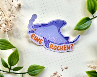 Funny Cute Smoking Manta Ray Sticker Holographic Glossy Vinyl – “A Ray?” Graphic Fish Sticker Design 7 cm