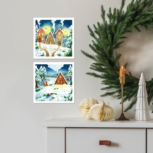 Stampe d'arte quadrate | Paesaggio invernale | arte della parete di Natale | paesaggio innevato | due varianti | Cartolina di Natale
