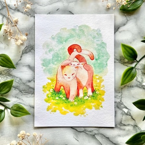 Stampa Fine Art A6 - Coppia di gatti carini | Carta per belle arti | Dipinto ad acquerello di animali colorati