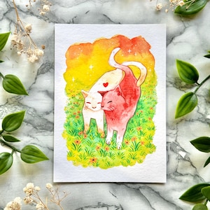Stampa Fine Art A6 - Coppia di gatti carini | Carta per belle arti | Dipinto ad acquerello di animali colorati