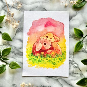 Stampa Fine Art A6 - Coppia di simpatici coniglietti | Carta per belle arti | Dipinto ad acquerello di animali colorati