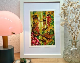 Fine Art Print - Tree Village | Fine Art Paper | Mushroom forest scene painting | A4 | A5