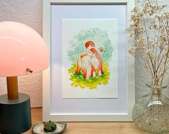 Fine Art Print - Cute Cat couple | Fine Art Paper | Colorful Animal watercolor painting | A6 | A5
