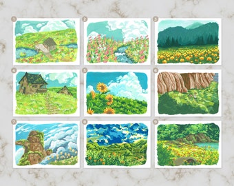 Pode incluir: Nove pinturas de paisagens diferentes com uma variedade de cenas, incluindo uma casa, girassóis, um rio e uma floresta. As pinturas estão todas em um estilo semelhante, com cores brilhantes e uma sensação caprichosa.