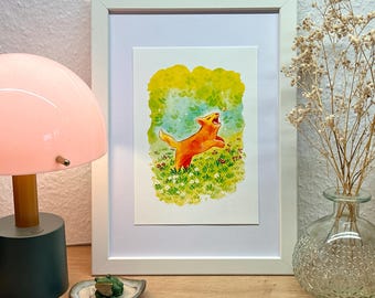Fine Art Print - Cute Dog chasing butterfly | Fine Art Paper | Colorful Animal watercolor painting | A6 | A5