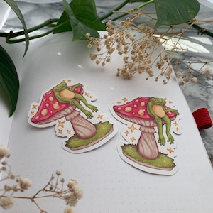 Matte vinyl frog stickers | die cut waterproof sticker | cottagecore sticker | plants stickers | mushroom sticker