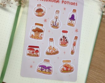 Mushroom Potions Sticker Sheet | Matte Vinyl | kiss cut sticker set A6 | cute stickers | artwork | mushroom sticker set