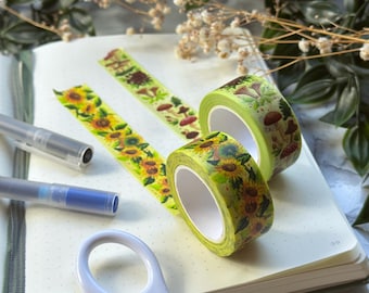 Floral Washi Tapes Sunflowers | Mushrooms | 2cm x 1000cm | cute hand painted stationary