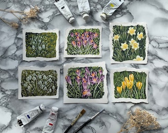 Mini ORIGINAL Spring Flower Gouache Paintings | 6 Variations | Gouache Artwork | Crocus Daffodils Snowdrops | Floral Nature Art Decoration