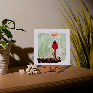 Square Art Print - Watercolor Ladybug and Mushroom