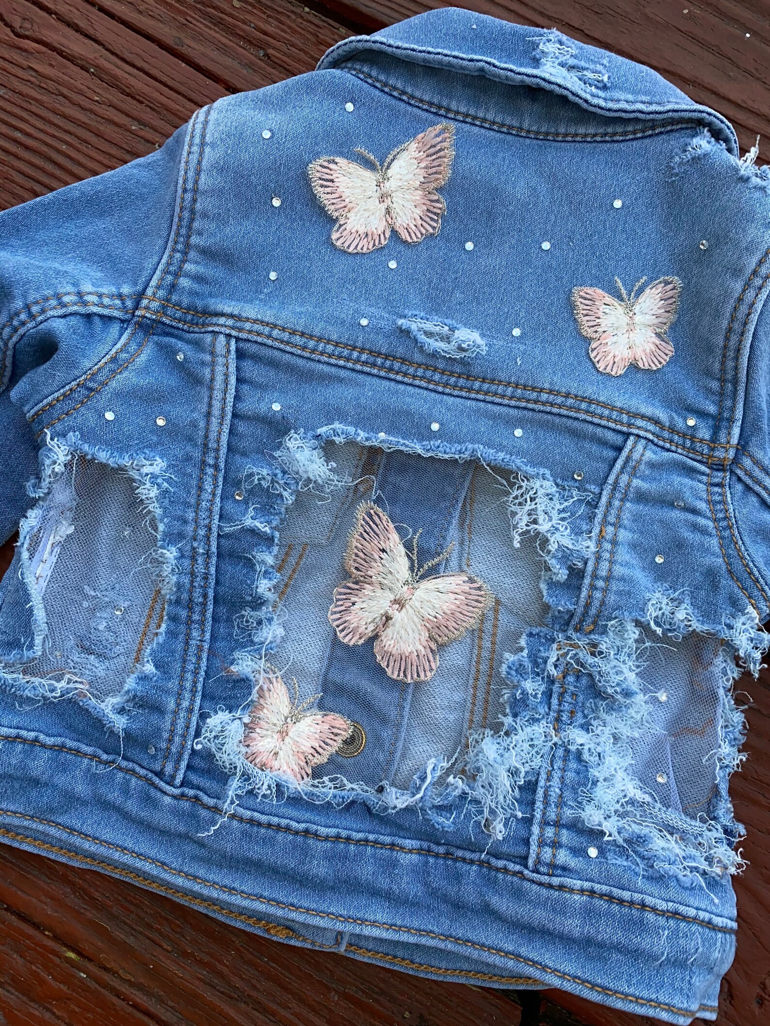 Distressed butterfly jean jacket Etsy