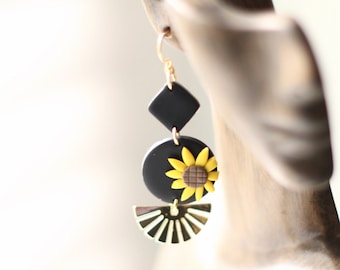 Black Sunflower Earrings with Gold Charm, Floral Boho Earrings, Flower Earrings, Sunflower Mexican Earrings, Hippie Earrings, gift for her