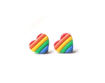 Rainbow Heart Stud Earrings: Polymer Clay Pride Jewelry