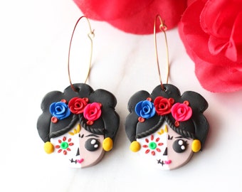 Frida Kahlo Earrings for Women, Mexican Earrings for Her, Mexican Hoop Earrings, Latina Earrings, Statement Earrings, Cinco de Mayo Earrings