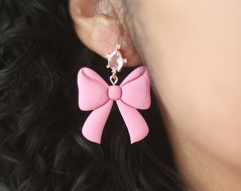 Clay Earrings for Women, Pink Bow Earrings, Valentine's day earrings, Statement Earrings, Sterling Silver Earrings, Crystal Earrings, Stud