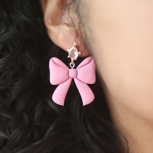 Clay Earrings for Women, Pink Bow Earrings, Valentine's day earrings, Statement Earrings, Sterling Silver Earrings, Crystal Earrings, Stud image 1