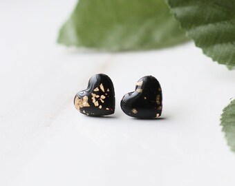 Black Heart Stud Earrings, Heart Jewelry, Heart Earrings for Women, Gift for Her, Minimalist Clay Earrings, Valentine's day Earrings, Studs