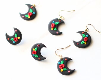 Mexican Earrings For Women, Red Rose Earrings, Cinco De Mayo Earrings, Fiesta Earrings, Crescent Moon Earrings, Floral Earrings, Self Gift