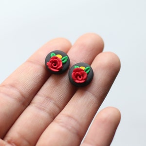 Mexican Earrings Red Rose Black Earrings for Cinco De Mayo Fiesta Stainless Steel Nickel Free Traditional Statement Floral Earrings Studs image 2