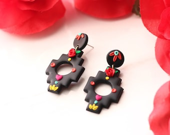 Mexican Aztec Earrings Cinco de Mayo Mexican Earrings for Women Floral Statement Earrings Colorful Earrings Red Rose Earrings Black Studs