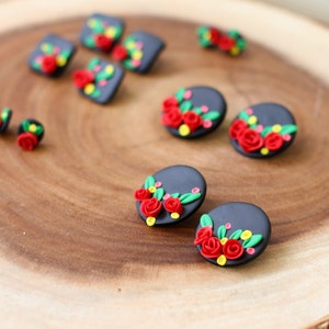 Mexican Earrings Red Rose Black Earrings for Cinco De Mayo Fiesta Stainless Steel Nickel Free Traditional Statement Floral Earrings Studs Large Round Earring