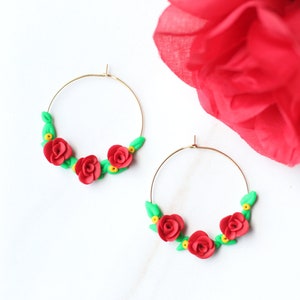 Mexican Rose Hoop Earrings: Polymer Clay Floral Jewelry