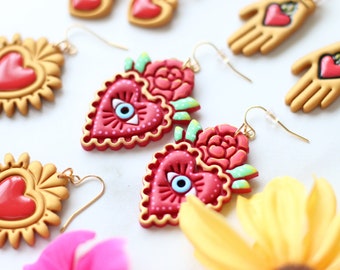 Sacred Heart Earrings, Mexican Earrings, Mexican Jewelry, Frida Kahlo Earrings, Evil Eye Earrings, Heart Valentines day Earrings, Latinx