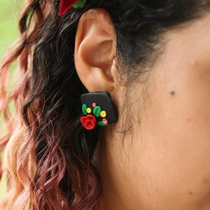 Mexican Earrings Red Rose Black Earrings for Cinco De Mayo Fiesta Stainless Steel Nickel Free Traditional Statement Floral Earrings Studs Square Shape