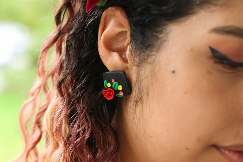 Mexican Earrings Red Rose Black Earrings for Cinco De Mayo Fiesta Stainless Steel Nickel Free Traditional Statement Floral Earrings Studs Square Shape