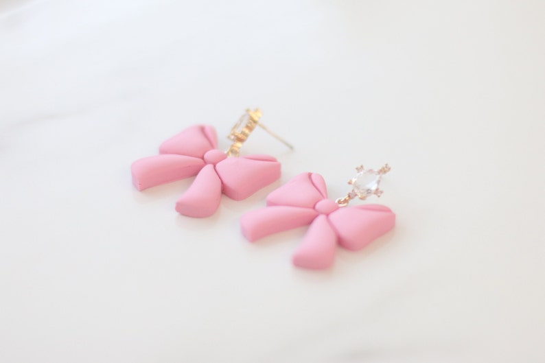 Clay Earrings for Women, Pink Bow Earrings, Valentine's day earrings, Statement Earrings, Sterling Silver Earrings, Crystal Earrings, Stud image 10