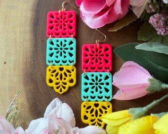 Pendientes mexicanos de papel picado, joyería hecha a mano