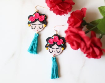 Mexican Frida Kahlo Earrings for Women, Mexican Earrings Tassel, Frida Kahlo Accessory, Frida Latinx Crafts, Latina Jewelry, Latinx Owned