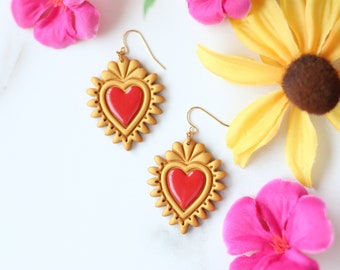 Sacred Heart Earrings, Mexican Earrings, Mexican Jewelry, Frida Kahlo Earrings, Large Heart Earrings, Heart Valentines day Earrings, Latinx