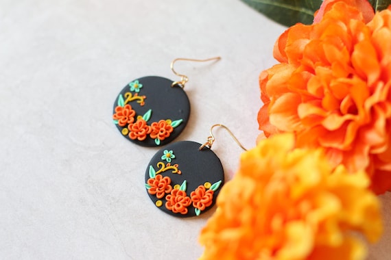 Marigold Flower Clay Earrings – Día de Muertos Inspired Handmade Jewelry