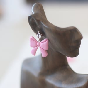 Clay Earrings for Women, Pink Bow Earrings, Valentine's day earrings, Statement Earrings, Sterling Silver Earrings, Crystal Earrings, Stud image 2