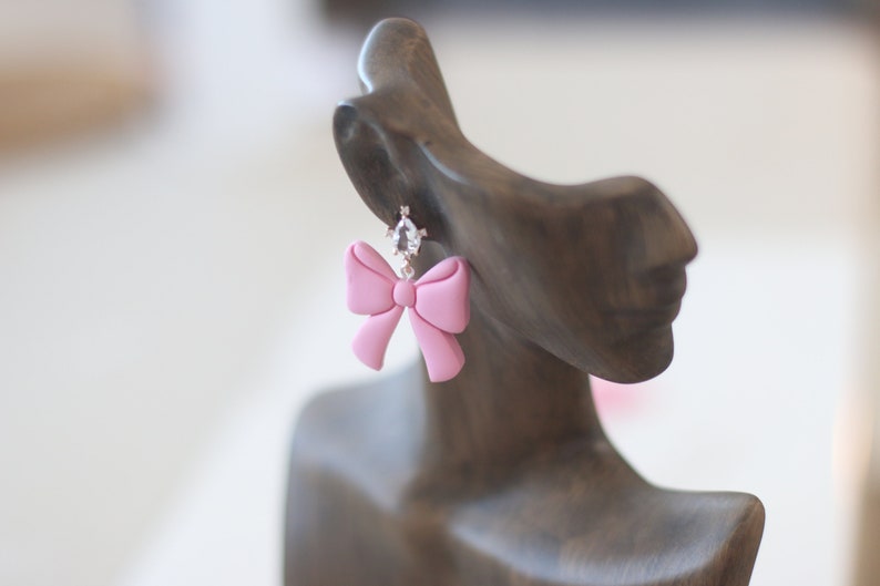 Clay Earrings for Women, Pink Bow Earrings, Valentine's day earrings, Statement Earrings, Sterling Silver Earrings, Crystal Earrings, Stud image 2