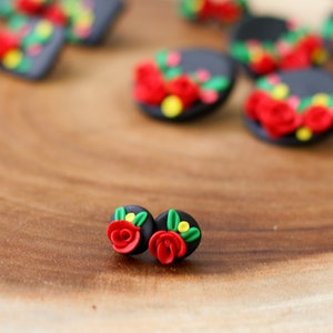 Mexican Earrings Red Rose Black Earrings for Cinco De Mayo Fiesta Stainless Steel Nickel Free Traditional Statement Floral Earrings Studs Small Single Rose